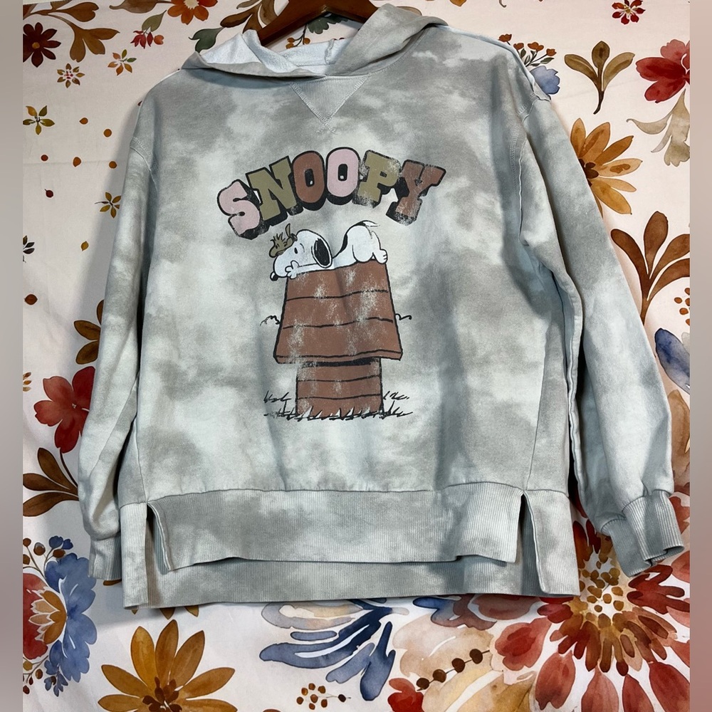 Peanuts Snoopy Womens M Tan Grey Cloud TieDye Casual Spring Pullover Hoodie